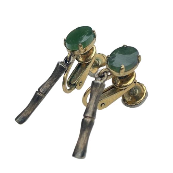 Jade Bamboo Earrings - Vintage Signed Wells - Picture 2 of 3